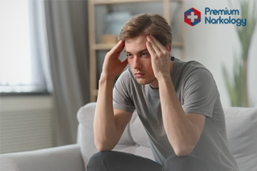 Мужчина сидит на диване, держась за голову